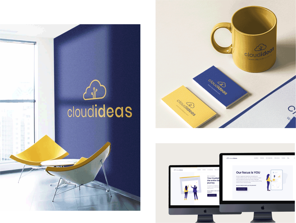 Collage representing our work to CloudIdeas: their logo applied on an office wall, a mug next to illustrative business cards, and three screenshots of the new website.