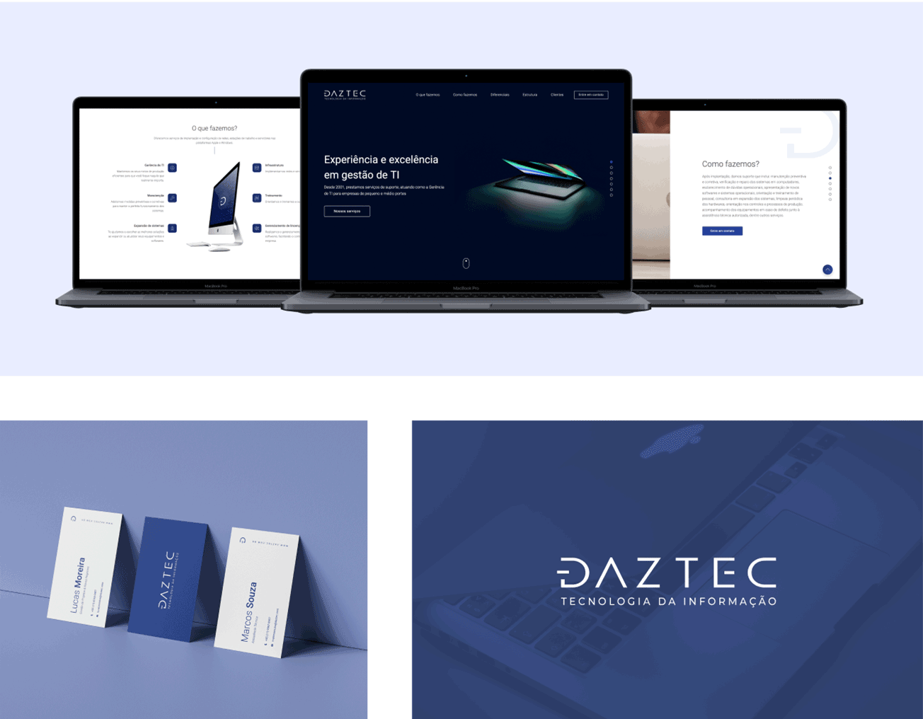 Screenshots of Daztec new website, example of business cards and logo applied on a blue background.