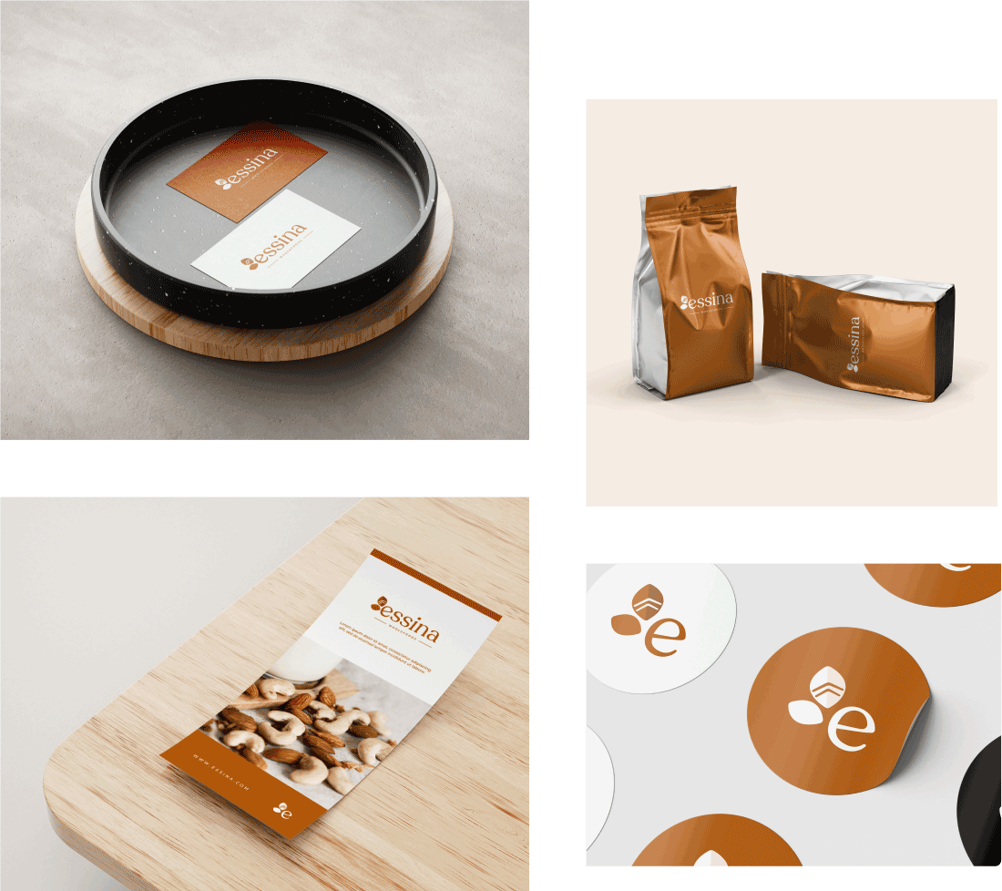 Essina's business card placed on a bowl, an example of the logo applied in an illustrative food package, followed by Essina's flyer and stickers.