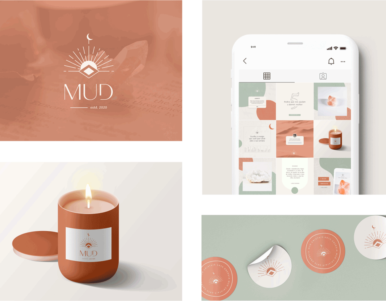 Mud's logo applied in an orange background, an example of Instagram feed following the new brand guidelines, a candle with Mud's logo and stickers with their logo.